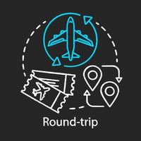 Round-trip chalk icon. Return ticket.Travelling by plane, airplane trip. Aircraft flight route, path. Airline transfer. Plane taking off, landing. Isolated vector chalkboard illustration