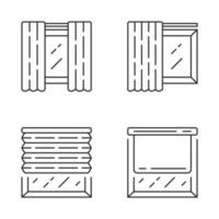 Window coverings and curtains linear icons set. Panel pair, tracks, pleated blinds, roller shades. Home decor shop. Thin line contour symbols. Isolated vector outline illustrations. Editable stroke