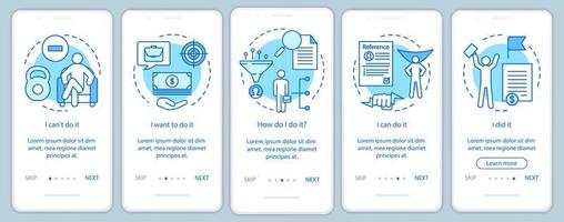 Motivation onboarding mobile app page screen with linear concepts. Goal achieving, problem solving. Getting job. Steps graphic instructions. UX, UI, GUI vector template with illustrations