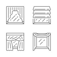 Window drapes linear icons set. Roman shades, swags, priscilla curtains, window scarf. Home interior decor. Thin line contour symbols. Isolated vector outline illustrations. Editable stroke