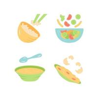 Organic food flat design long shadow color icons set. Vegetables, eggs. Salad, soup, omelett. Healthy nutrition. Dinner, supper restaurant menu. First, second course. Vector silhouette illustrations