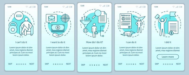 Motivation onboarding mobile app page screen with linear concepts. Goal achieving, problem solving. Getting job. Steps graphic instructions. UX, UI, GUI vector template with illustrations