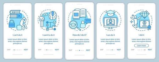 Pantalla de página de aplicación móvil de incorporación de motivación educativa con conceptos lineales. camino al éxito. arribista, yuppie, adicto al trabajo. pasos instrucciones gráficas. ux, ui, plantilla de vector de interfaz gráfica de usuario con ilustraciones