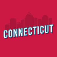 Connecticut vintage 3d vector lettering. Retro bold font, typeface. Pop art stylized text. Old school style letters. 90s, 80s poster, banner design. Crimson color background with skyscrapers