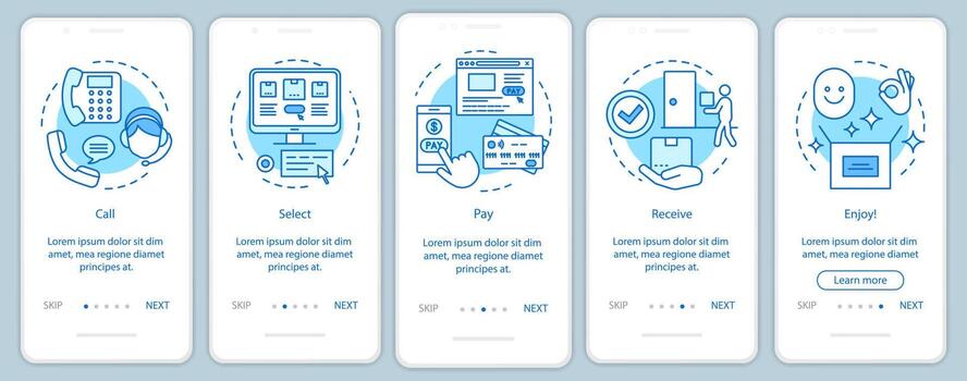 Online shopping onboarding mobile app page screen with linear concepts. Digital purchase. Call, select, pay, receive, enjoy. Steps graphic instructions. UX, UI, GUI vector template with illustrations