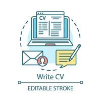 Write CV concept icon. Resume, curriculum vitae idea thin line illustration. Sending job application and resume. Sign up, registration. Vector isolated outline drawing. Editable stroke