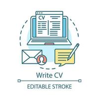 Write CV concept icon. Resume, curriculum vitae idea thin line illustration. Sending job application and resume. Sign up, registration. Vector isolated outline drawing. Editable stroke