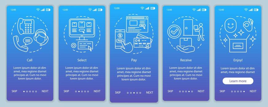 Online shopping onboarding mobile app page screen with linear concepts. Call, select, pay, receive, enjoy. Digital purchase. Steps graphic instructions. UX, UI, GUI vector template with illustrations