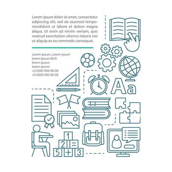 After school program article page vector template. Children entertainment and education. Brochure, magazine, booklet design element with linear icons and text. Print design. Concept illustrations