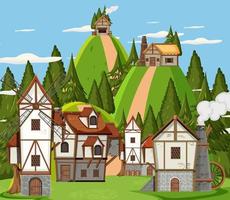 Escena de la ciudad medieval con molino de viento y casas. vector