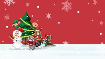 Plantilla de banner navideño con muñeco de nieve y amigos animales. vector