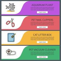 Pets suppplies web banner templates set. Aquarium plant, pet nail clippers, cat's litter box, vacuum cleaner. Website color menu items. Vector headers design concepts