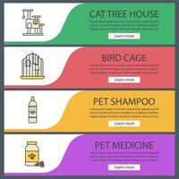 Pets suppplies web banner templates set. Cat tree house, bird cage, shampoo bottle, pills. Website color menu items. Vector headers design concepts