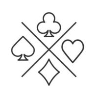 Suits of playing cards linear icon. Spade, clubs, heart, diamond. Thin line illustration. Casino contour symbol. Vector isolated outline drawing