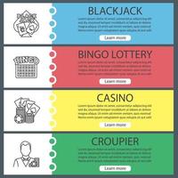 Casino web banner templates set. Blackjack, bingo lottery, casino, croupier. Website color menu items with linear icons. Vector headers design concepts