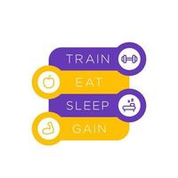 Train, eat, sleep, step labels with fitness line icons, template with basic training principles vector