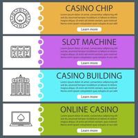 Conjunto de plantillas de banner web de casino. fichas de juego, máquinas tragamonedas, construcción de casinos, póquer en línea. elementos del menú de color del sitio web con iconos lineales. conceptos de diseño de encabezados vectoriales vector