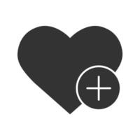 Heart shape with plus sign glyph icon. Add to favorites. Silhouette symbol. Bookmark. Negative space. Vector isolated illustration