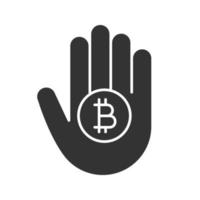 Hand holding bitcoin glyph icon. Silhouette symbol. Cryptocurrency. Negative space. Vector isolated illustration