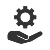 Open hand with cogwheel glyph icon. Technology progress. Silhouette symbol. Devices and machines care. Negative space. Vector isolated illustration