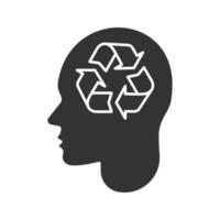 Human head with recycling sign inside glyph icon. Pollution prevention ideas. Silhouette symbol. Waste recycling thoughts. Negative space. Vector isolated illustration