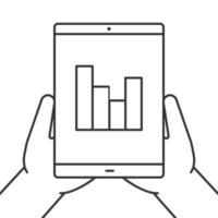 Hands holding tablet computer linear icon. Statistics. Thin line illustration. Tablet computer with chart. Contour symbol. Vector isolated outline drawing