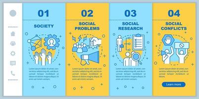 Sociology onboarding mobile web pages vector template. Society, social problems, conflicts. Responsive smartphone website interface idea with linear illustrations. Webpage walkthrough step screens
