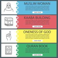 Conjunto de plantillas de banner web de cultura islámica. mujer musulmana, gesto de dios, kaaba, libro del corán. elementos del menú del sitio web con iconos lineales. conceptos de diseño de encabezados vectoriales vector