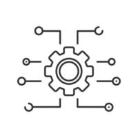 Device settings linear icon. Cogwheel, gear. Cyberspace. Thin line illustration. Computing. Contour symbol. Vector isolated outline drawing