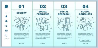 Plantilla de vector de páginas web móviles de incorporación de sociología. sociedad, problemas sociales, conflictos. idea de interfaz de sitio web de teléfono inteligente sensible. pantallas de pasos del tutorial de la página web. concepto de color