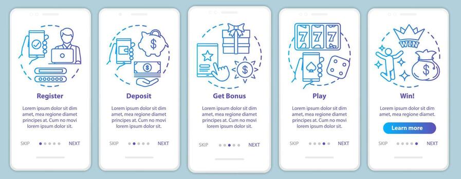Online casino onboarding mobile app page screen with linear concepts. Register, deposit, get bonus, play and win. Walkthrough steps graphic instructions. UX, UI, GUI vector template with illustrations