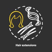 Hair extensions chalk concept icon. Clip in hair remy tapes, wig and accessories. Hairstyling and hairdo idea. Hairdresser salon, hairstylist parlor. Vector isolated chalkboard illustration