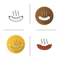 Steaming sausage icon. Flat design, linear and color styles. Bratwurst. Hot sausage isolated vector illustrations