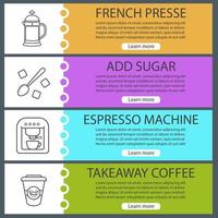 Coffee web banner templates set. French press, sugar with teaspoon, espresso machine, takeaway paper cup. Website color menu items with linear icons. Vector headers design concepts