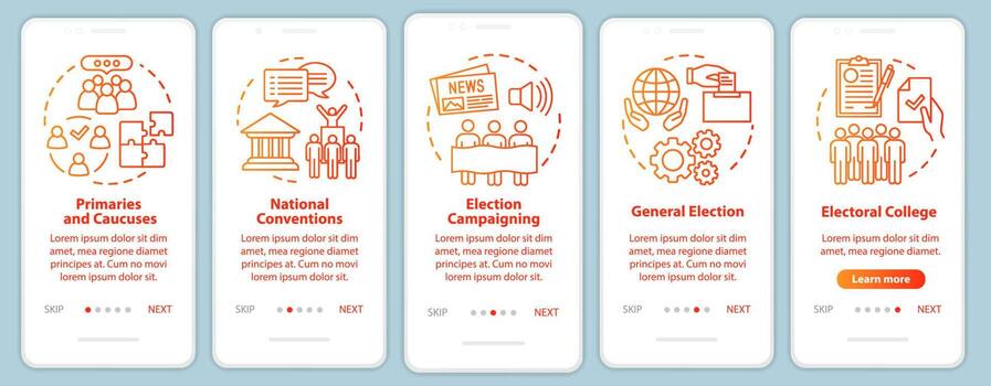 Elections onboarding mobile app page screen vector template. Politics and social events. Walkthrough website steps with linear illustrations. UX, UI, GUI smartphone interface concept
