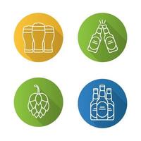 Beer flat linear long shadow icons set. Hop cone, beer bottles and glasses. Vector line symbols