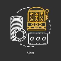 Slots chalk concept icon. One armed bandit, slot machine idea. Online gambling. Lucky seven, fruit spins. Roulette. Vector isolated chalkboard illustration