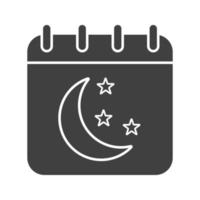 Night calendar glyph icon. Silhouette symbol. Calendar page with moon and stars. Negative space. Vector isolated illustration