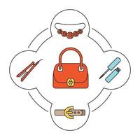 Woman's handbag contents color icons set. Gemstone necklace, lip gloss, leather belt, hair straightener. Isolated vector illustrations