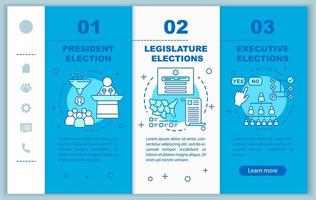 Plantilla de vector de páginas web móviles de incorporación de elecciones. presidente, legislatura. Idea de interfaz de sitio web de teléfono inteligente sensible con ilustraciones lineales. pantallas de pasos del tutorial de la página web. concepto de color