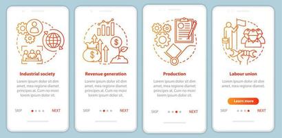 Production process red onboarding mobile app page screen vector template. Industrial society, labour union. Walkthrough website steps with linear icons. UX, UI, GUI smartphone interface concept
