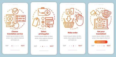 plantilla de vector de pantalla de página de aplicación móvil de incorporación roja de proceso de servicio de traducción. seleccione plan de precios. paso a paso del sitio web con ilustraciones lineales. concepto de interfaz de teléfono inteligente ux, ui, gui