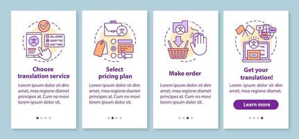 Translation service process onboarding mobile app page screen with linear concepts. Select pricing plan, make order walkthrough steps graphic instructions. UX, UI, GUI vector template with icons