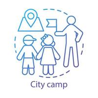 City camp concept icon. Summer urban children club, holiday pastime idea thin line illustration. Exploring town, visiting city landmarks. Vector isolated outline drawing. Editable stroke