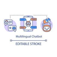 Translation services concept icon. Multilingual machine chatbot idea thin line illustration. AI powered messenger, programmed algorithm . Vector isolated outline drawing. Editable stroke
