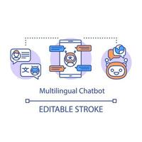 icono del concepto de servicios de traducción. Ilustración de línea fina de idea de chatbot de máquina multilingüe. mensajero impulsado por ia, algoritmo programado. dibujo de contorno aislado vectorial. trazo editable vector