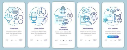 servicios de texto plantilla de vector de pantalla de página de aplicación móvil de incorporación azul. traducción, corrección de textos. paso a paso del sitio web con ilustraciones lineales. concepto de interfaz de teléfono inteligente ux, ui, gui