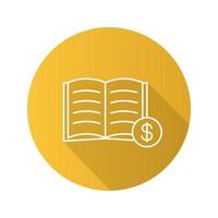 Buy book flat linear long shadow icon. Bookstore. Textbook with dollar sign. Vector outline symbol