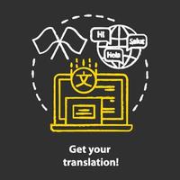 Obtenga su icono de concepto de tiza de traducción. idea de traductor multilingüe en línea. interpretación y revisión ortográfica. lingüística, lengua extranjera. diccionario en línea. vector ilustración de pizarra aislada