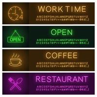 Cafe and restaurant neon light banner templates set. Working hours, coffee, eatery sign, open hanging signboard. Website glowing menu items. Vector isolated illustrations